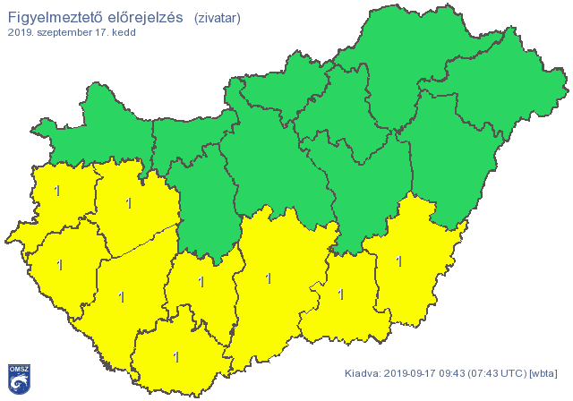 Zivatarok veszélyére figyelmeztet a meteorológiai szolgálat