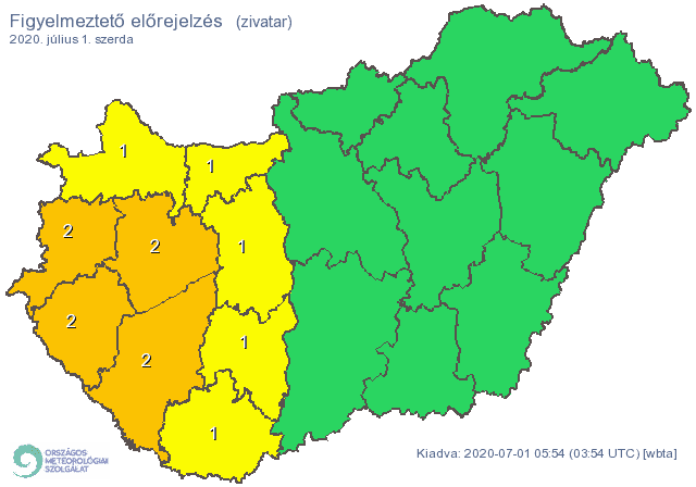 Másodfokú figyelmeztetést is adtak ki szerdára a zivatarok veszélye miatt