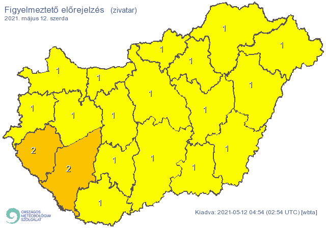 Zivatar miatt adtak ki figyelmeztetést szerdára az ország teljes területére 