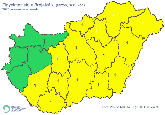 Tartós, sűrű köd veszélyére figyelmeztet a meteorológiai szolgálat