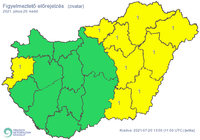 Zivatarok miatt van érvényben figyelmeztetés több megyében 