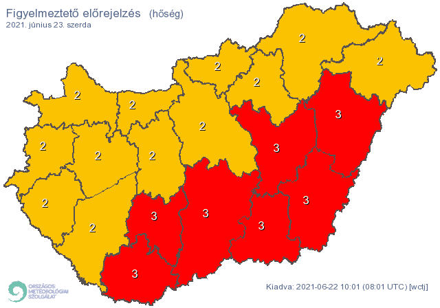 Szerdán a hőség miatt további megyékre vonatkozóan is harmadfokú figyelmeztetés van érvényben 